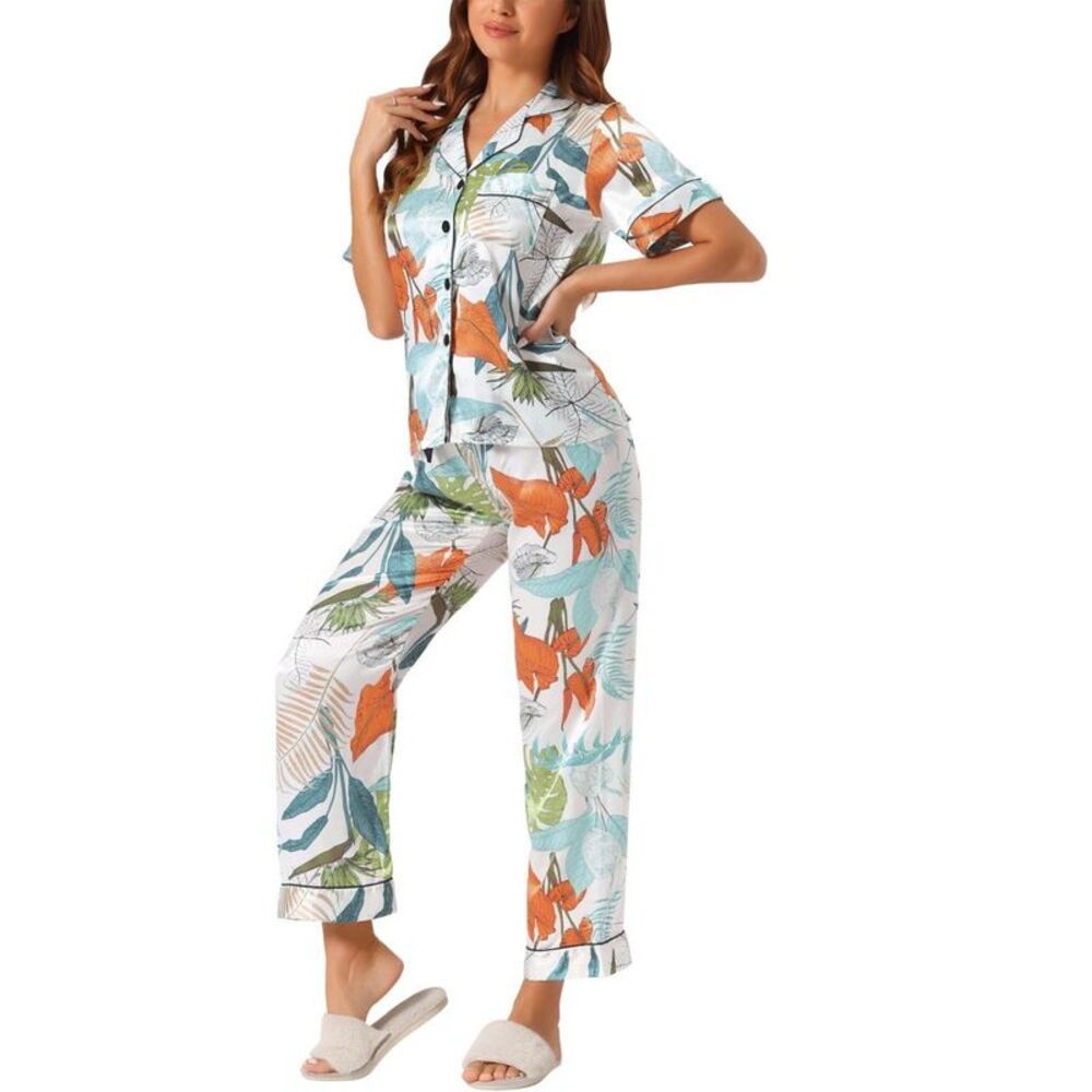 cheibear Women's Summer Satin Button Down Short Sleeve Tops Pants Green